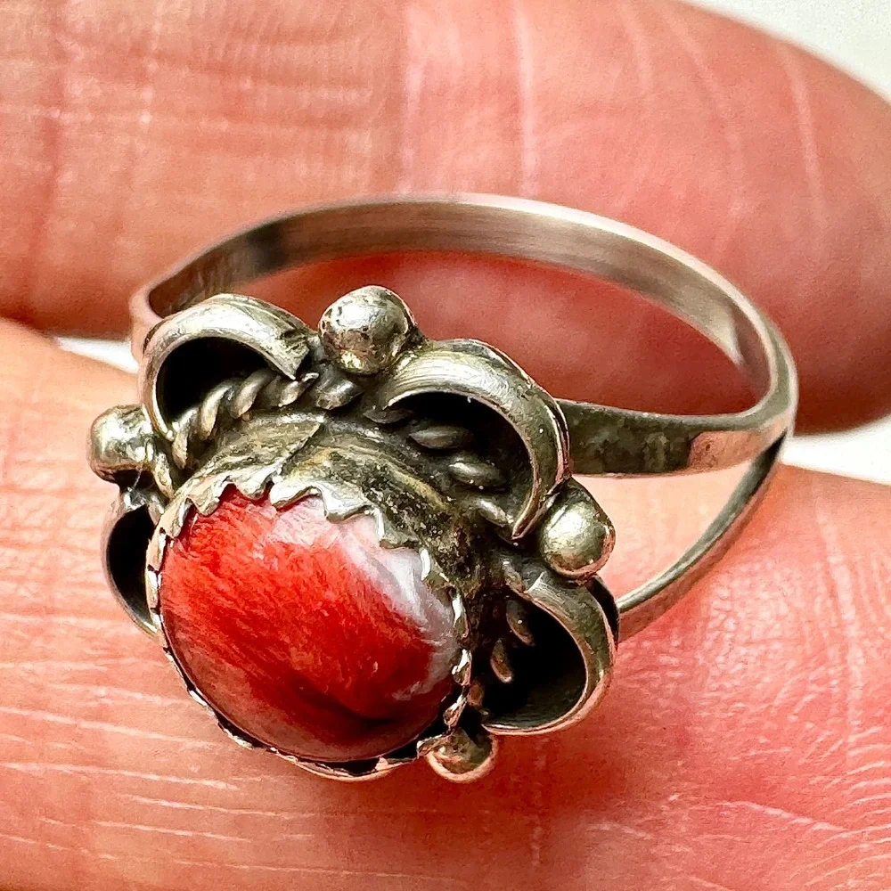 Navajo Flower Ring Red Spiny Oyster Sz 8 Sterling Silver Scalloped Native Amer‎